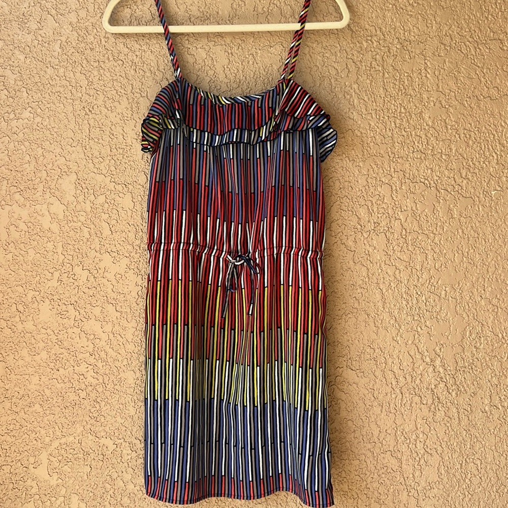 Gap Colorful Ruffle Striped Dress Pockets, Drawstring, & Adjustable Straps XS